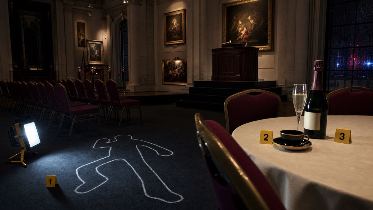 A dramatic auction hall crime scene prepared for investigation